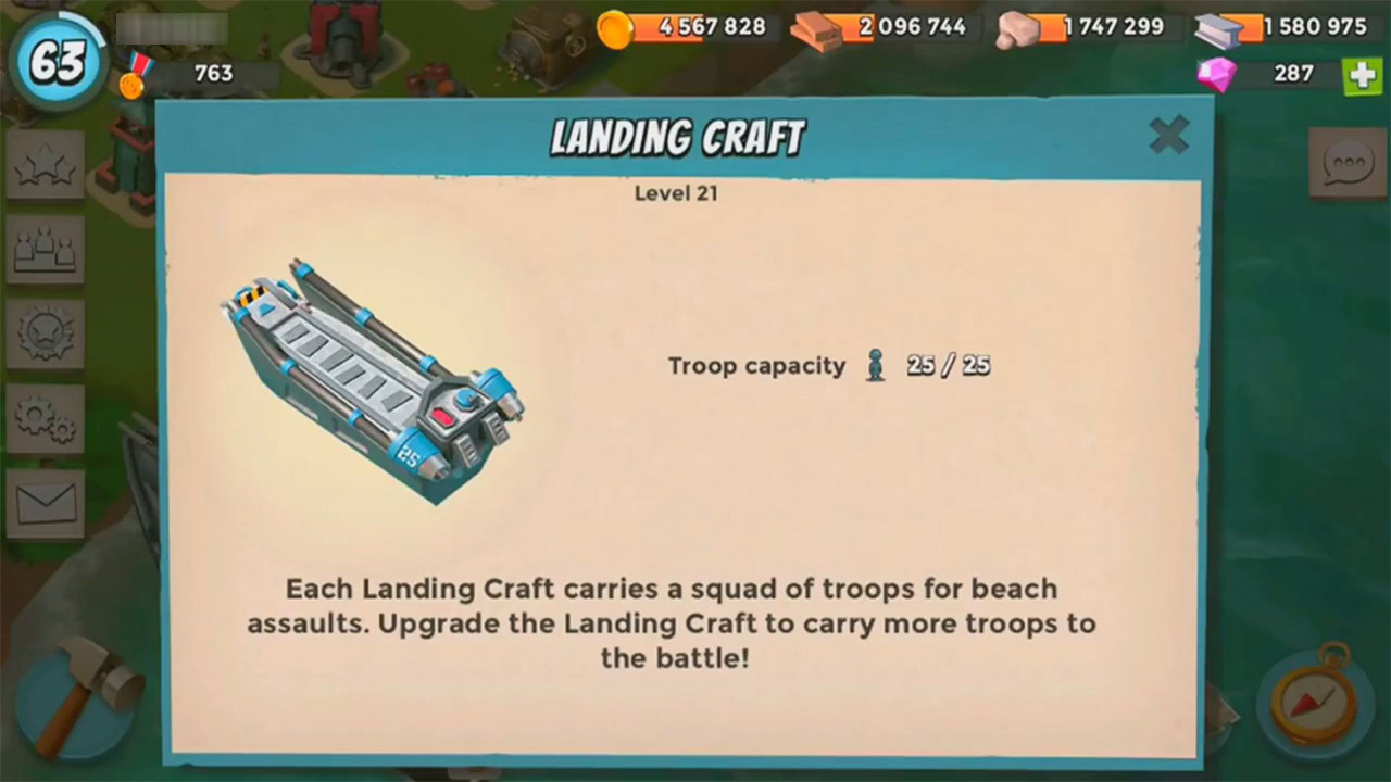 boom beach landing craft capacity description