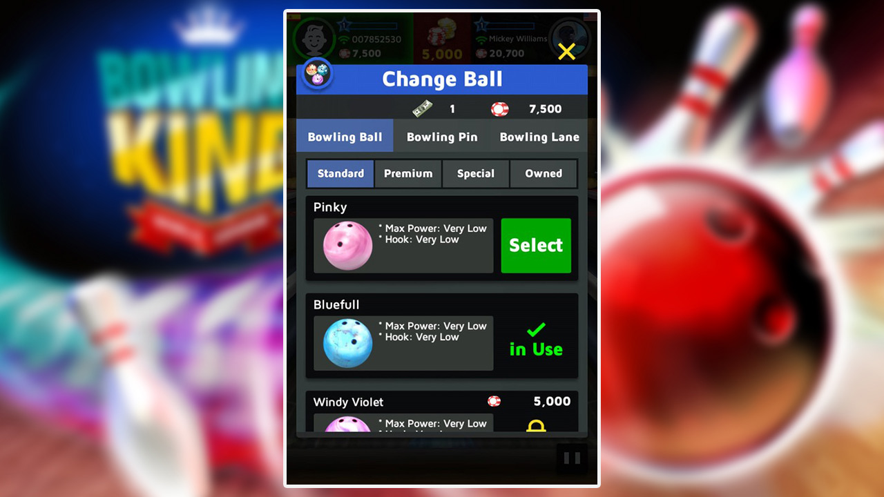 bowling king change ball menu