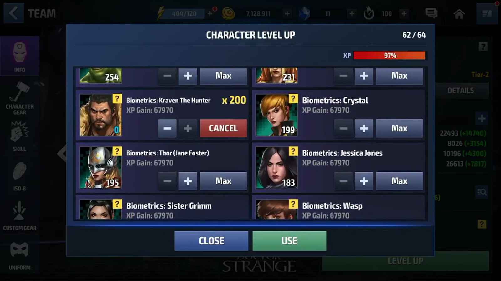 Leveling up character in Marvel Future Fight